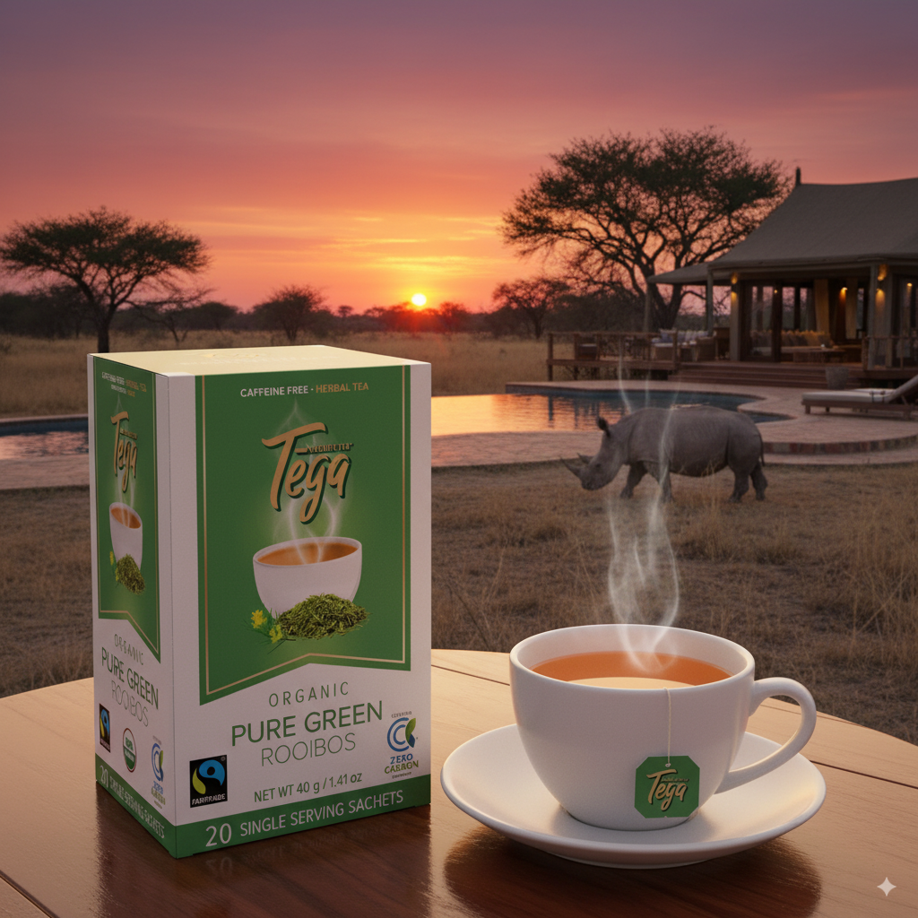 Tega Organic Pure Green Rooibos tea packaging with a cup of tea on a table, sunset in the background