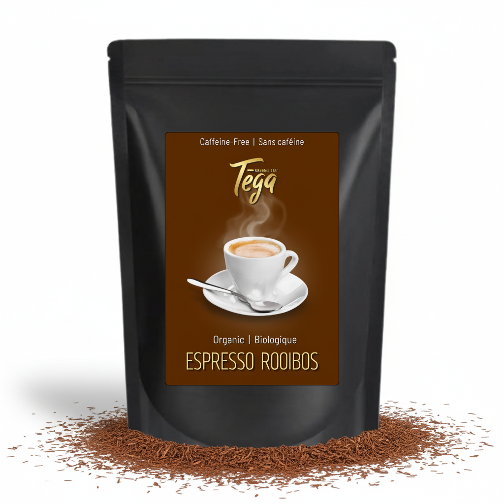 Tega Espresso Rooibos packaging with a cup of tea on a brown background