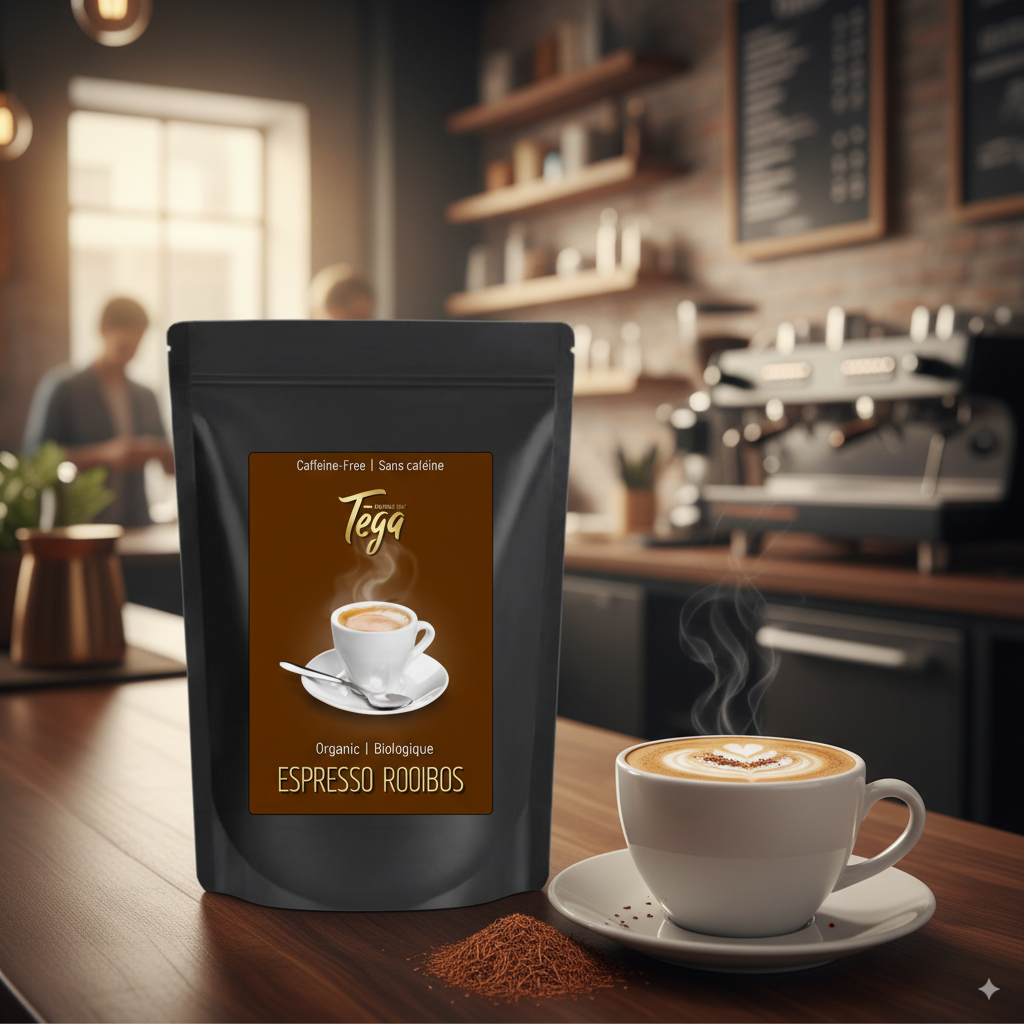 Tega coffee package with a steaming cup of coffee on a wooden table in a coffee shop setting.