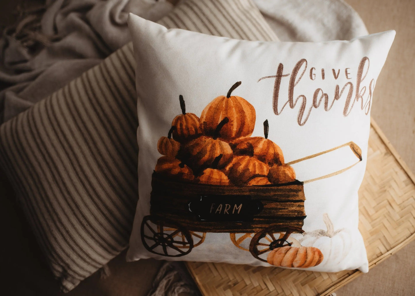 Give Thanks Pumpkin Wagon Throw Pillow