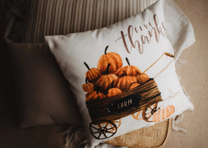 Give Thanks Pumpkin Wagon Throw Pillow