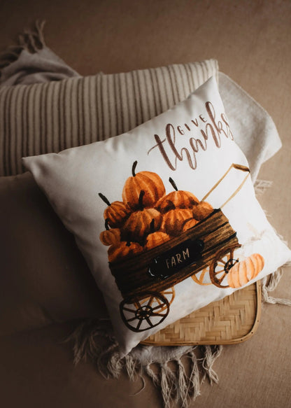 Give Thanks Pumpkin Wagon Throw Pillow