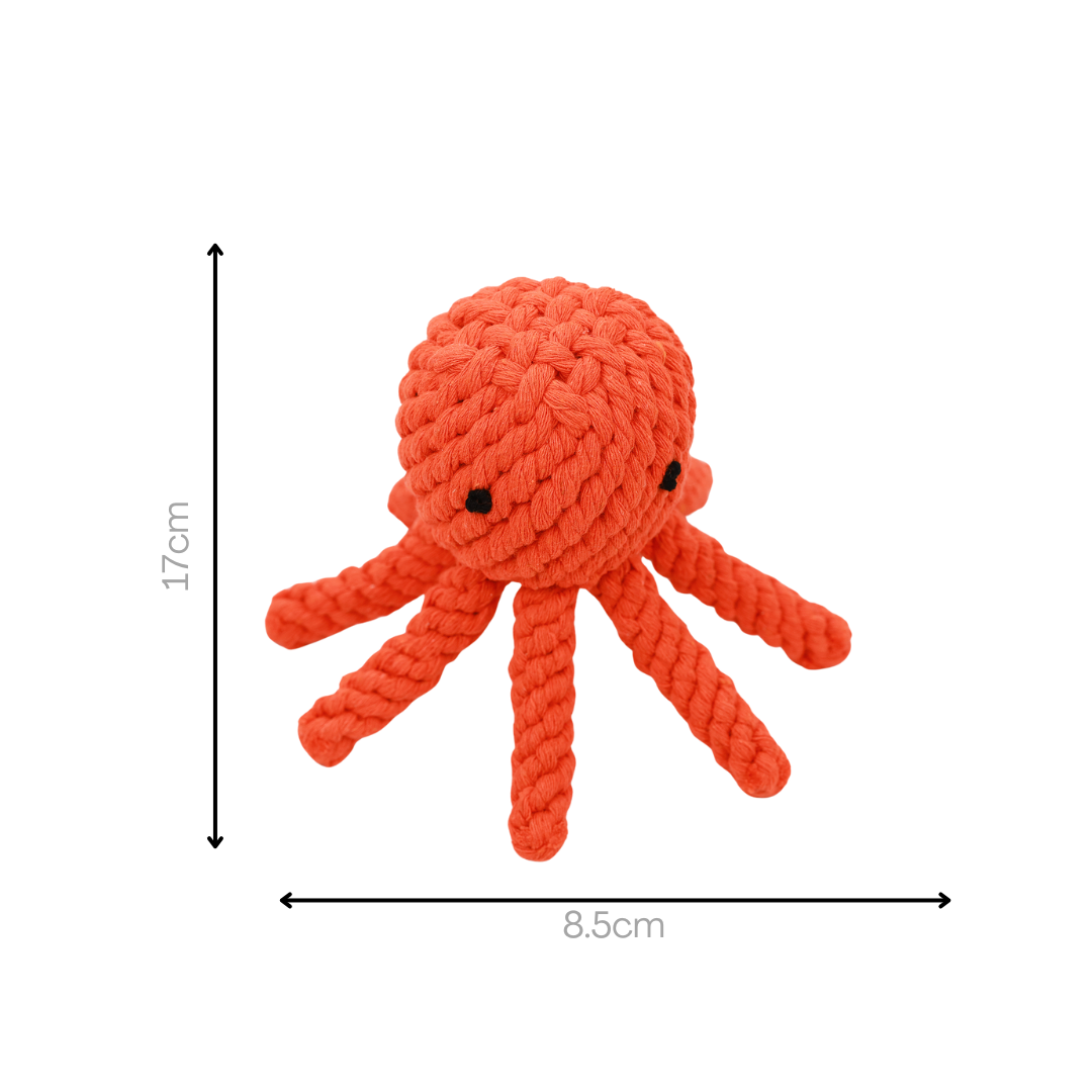 octopus-shaped pet toy made from durable cotton rope, perfect for chewing and interactive play, promoting dental health and providing hours of entertainment for dogs.