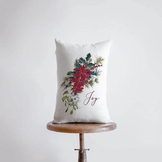 Joy Christmas Poinsettia Throw Pillow