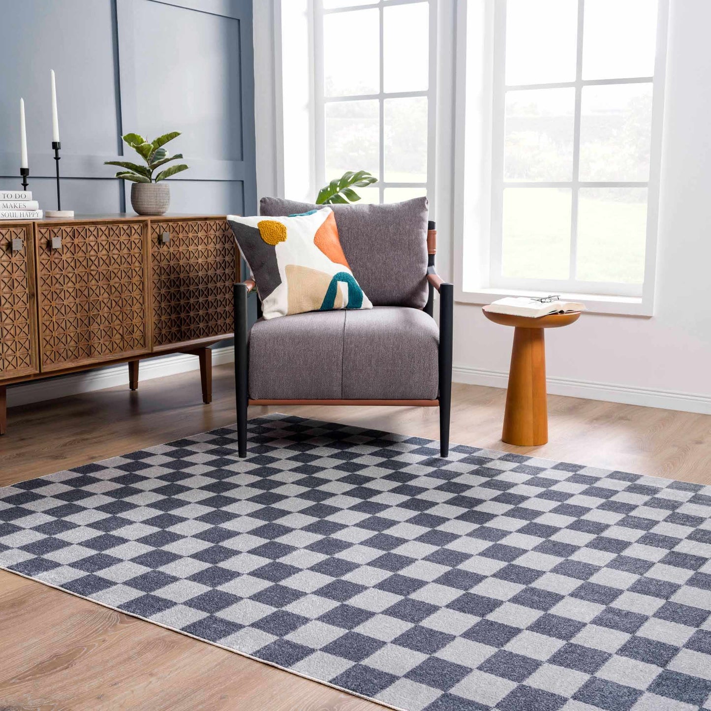 Alie Blue Gray Checkered Washable Rug
