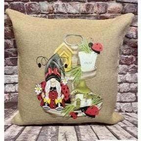 Lady Bug Gnome Burlap Throw Pillow Cover