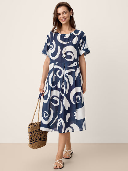 Linen Abstract-Print Pleated-Waist Midi Dress PRIYA