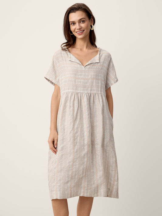 Linen Gathered-Hem Split-Neck Midi Dress SYDNEY