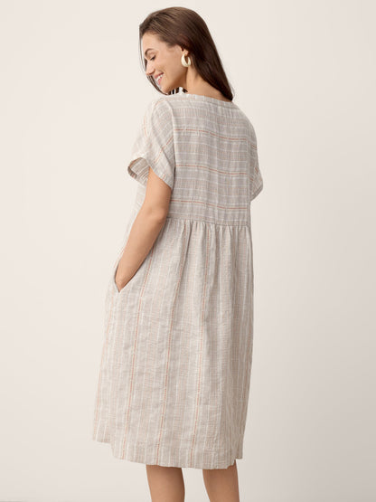 Linen Gathered-Hem Split-Neck Midi Dress SYDNEY