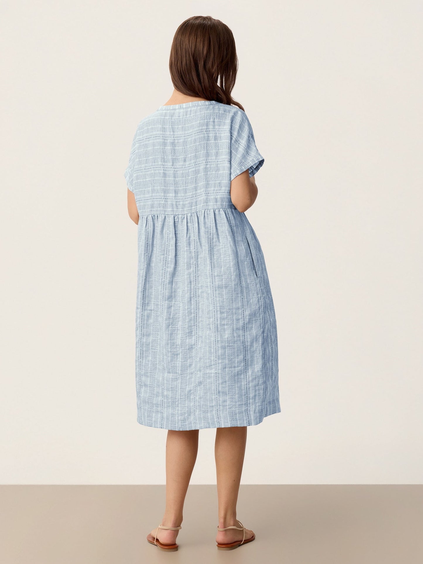 Linen Gathered-Hem Split-Neck Midi Dress SYDNEY