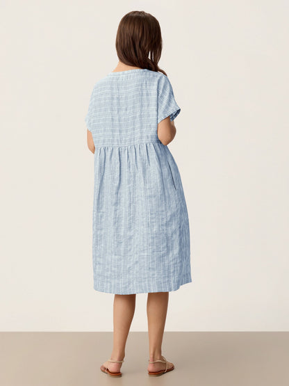 Linen Gathered-Hem Split-Neck Midi Dress SYDNEY