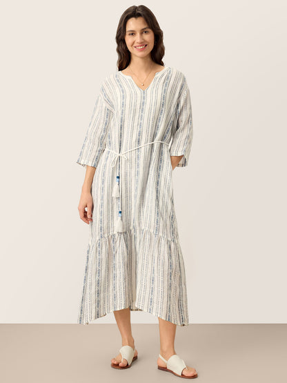 Linen Tribal Stripe Split Neck Bohemian Ruffle Maxi Dress with Woven Belt and Slip MARLOWE