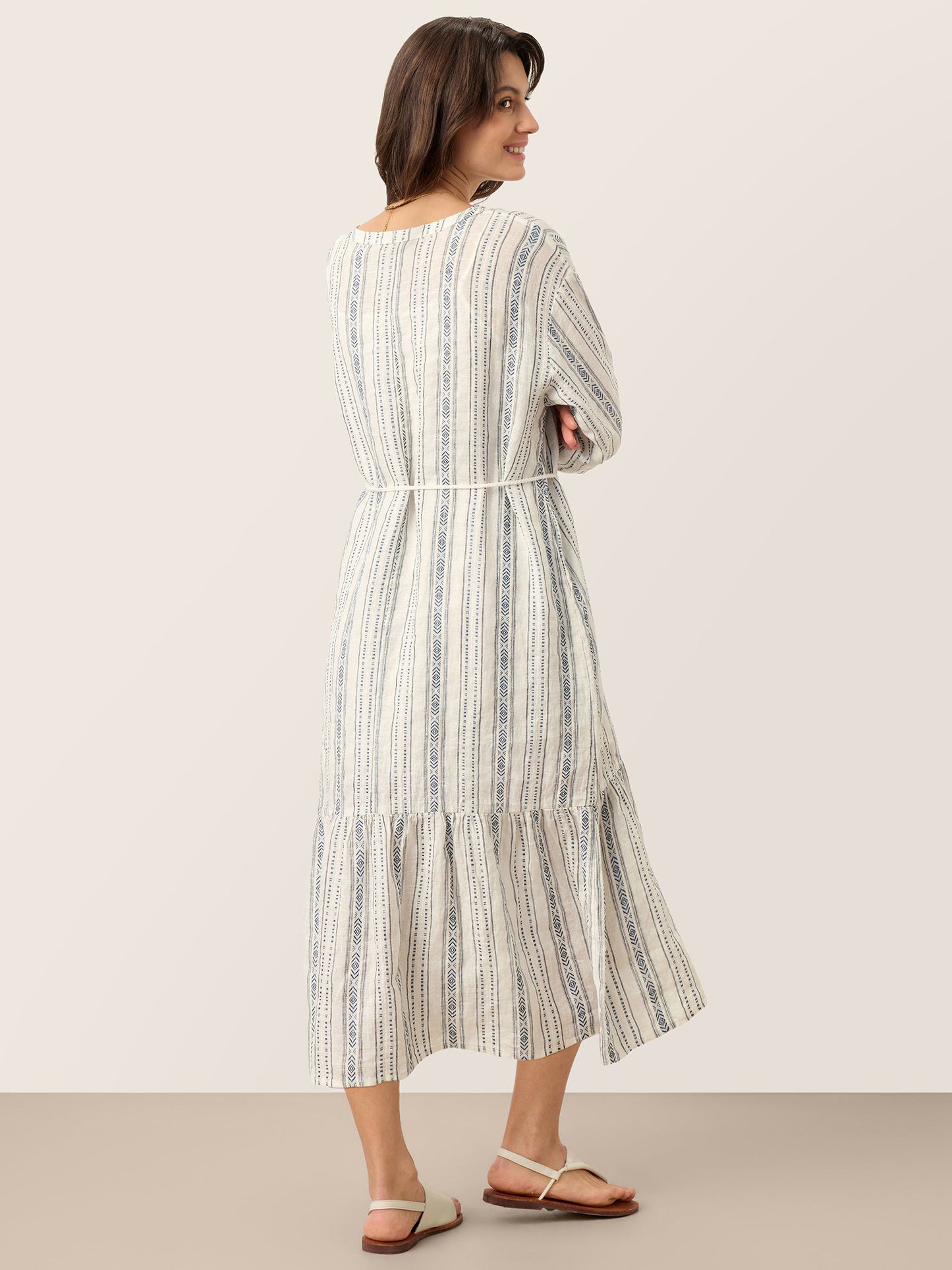 Linen Tribal Stripe Split Neck Bohemian Ruffle Maxi Dress with Woven Belt and Slip MARLOWE