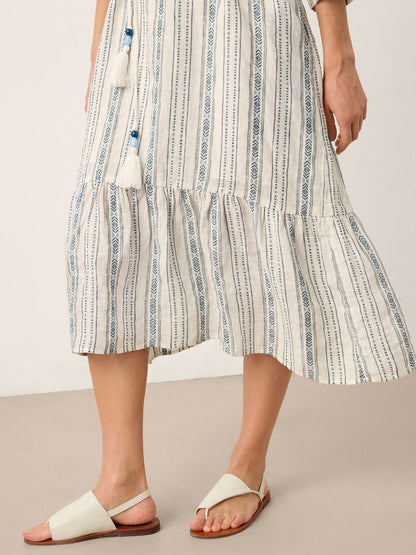 Linen Tribal Stripe Split Neck Bohemian Ruffle Maxi Dress with Woven Belt and Slip MARLOWE