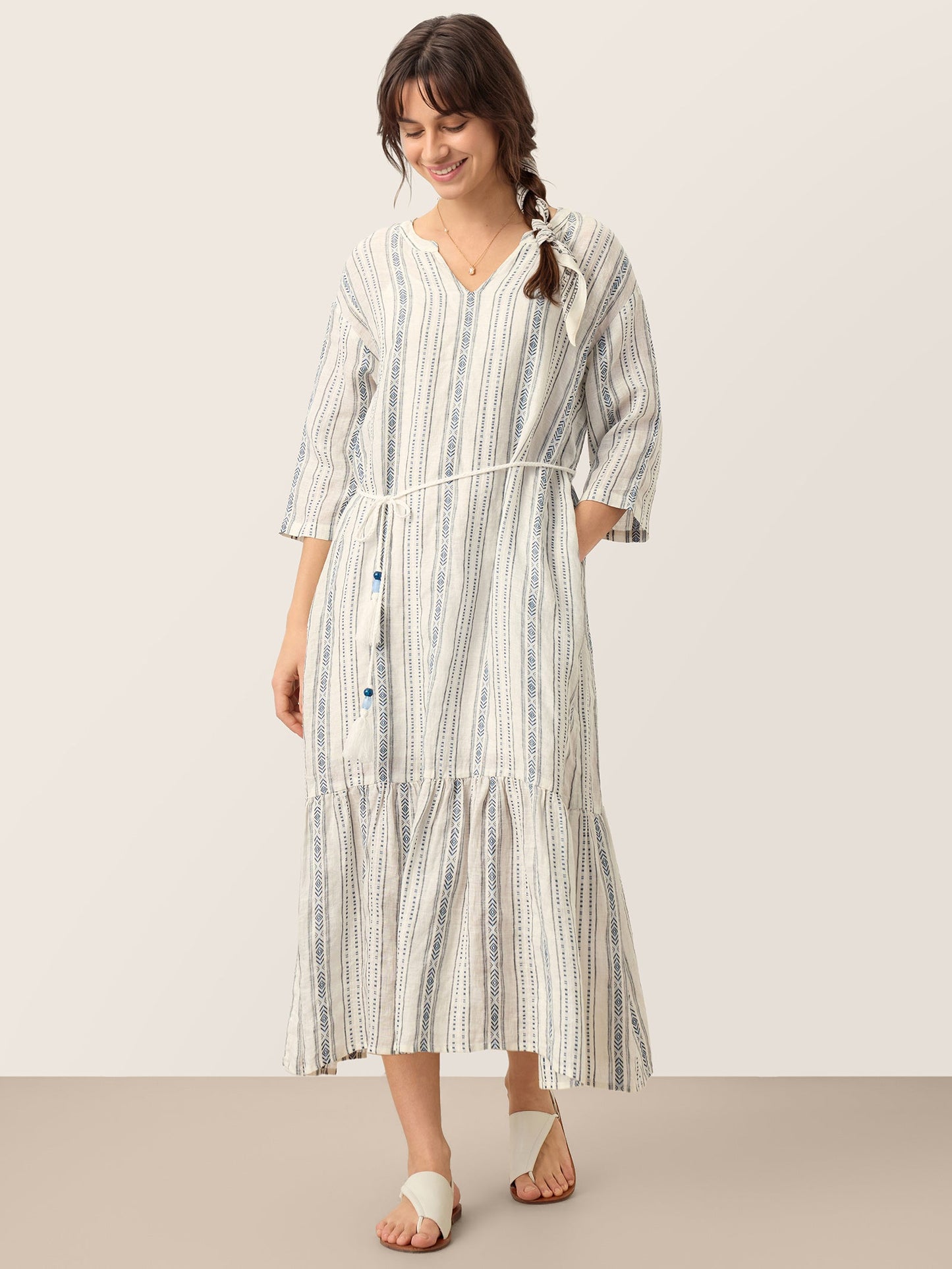 Linen Tribal Stripe Split Neck Bohemian Ruffle Maxi Dress with Woven Belt and Slip MARLOWE