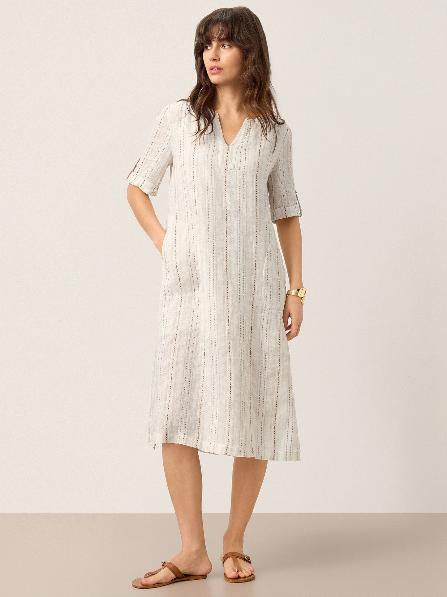 Linen Striped Notch Neck Tab-Cuff Bohemian Midi Dress ALTHEA