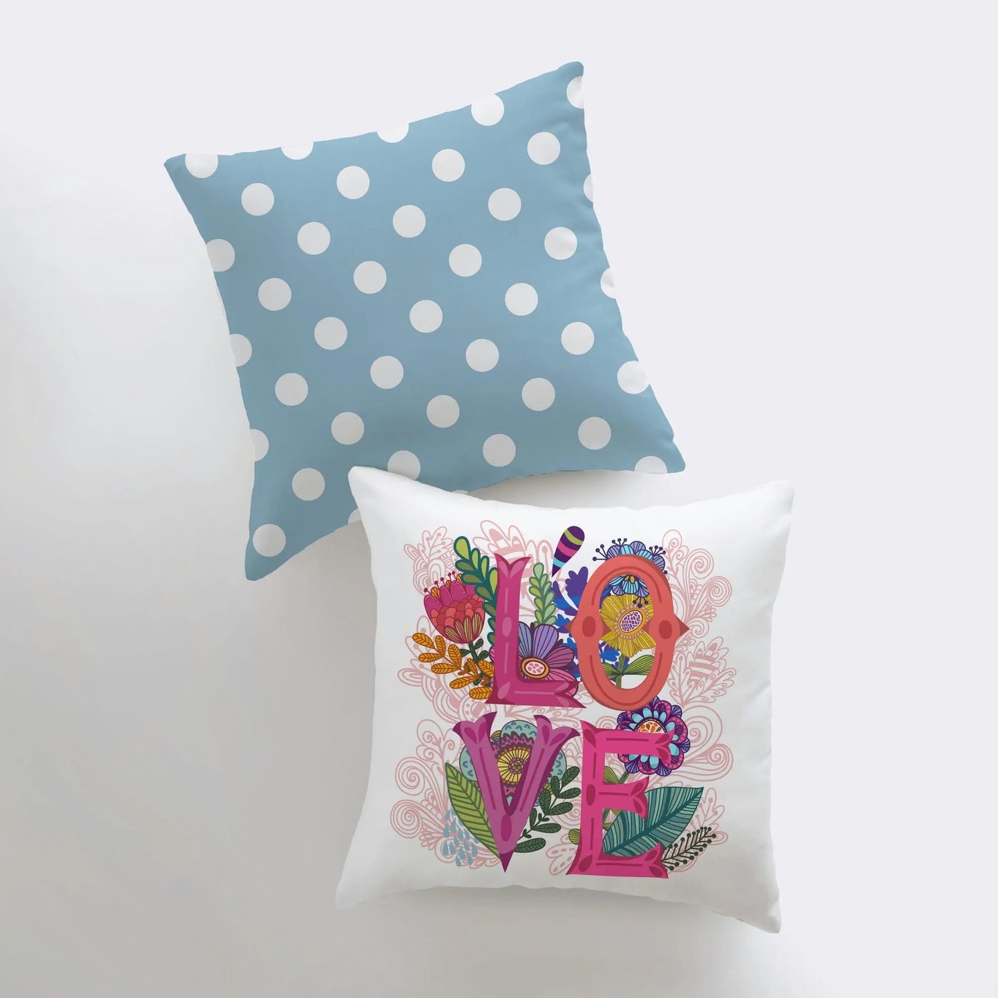 Love Floral Blue Polkadots Throw Pillow