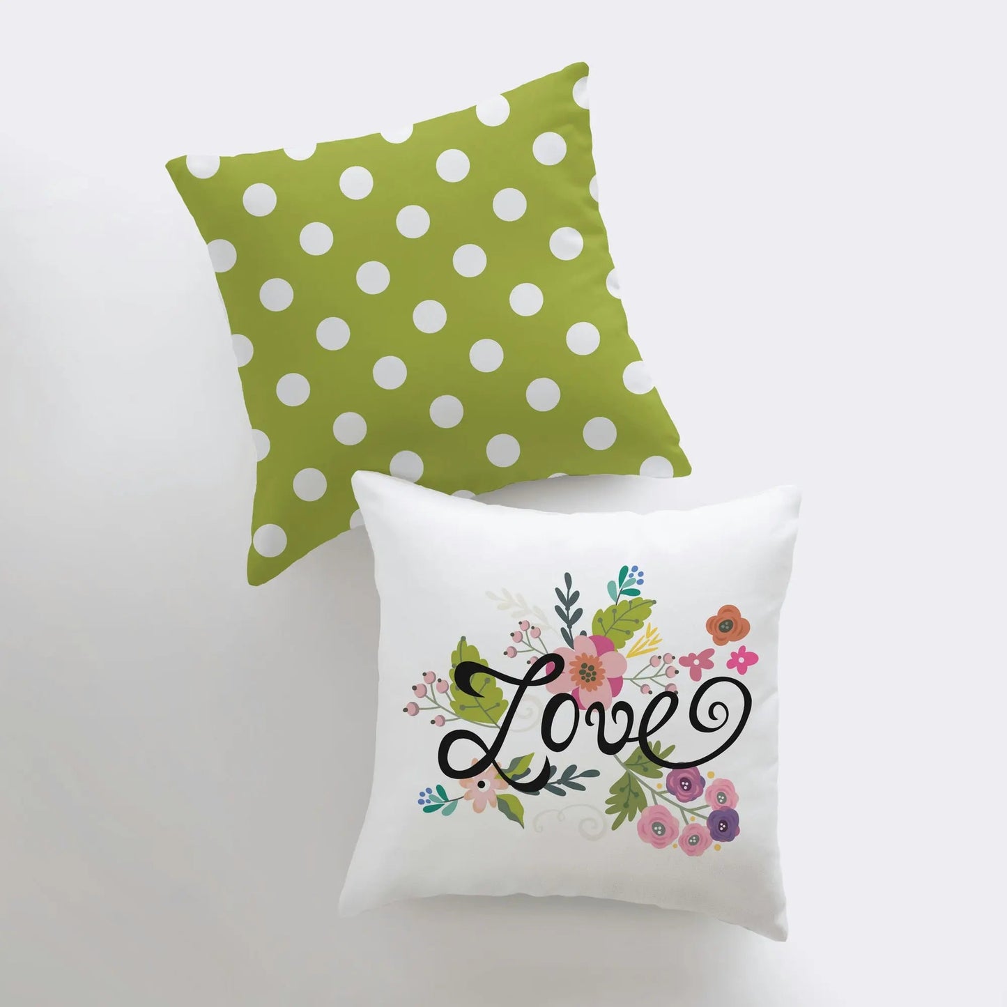 Love Floral Green Polkadot Throw Pillow