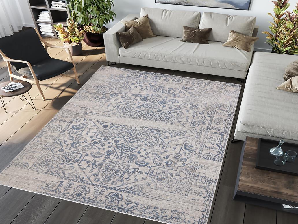 Boho Chic Distressed Medallion Orchid Beige Blue Rug by Bareens Designer Rugs