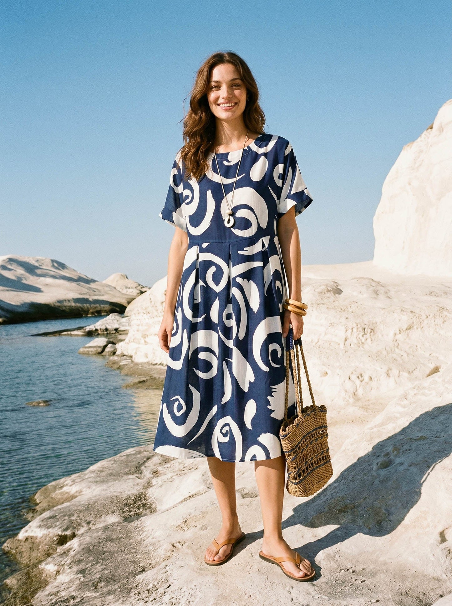 Linen Abstract-Print Pleated-Waist Midi Dress PRIYA