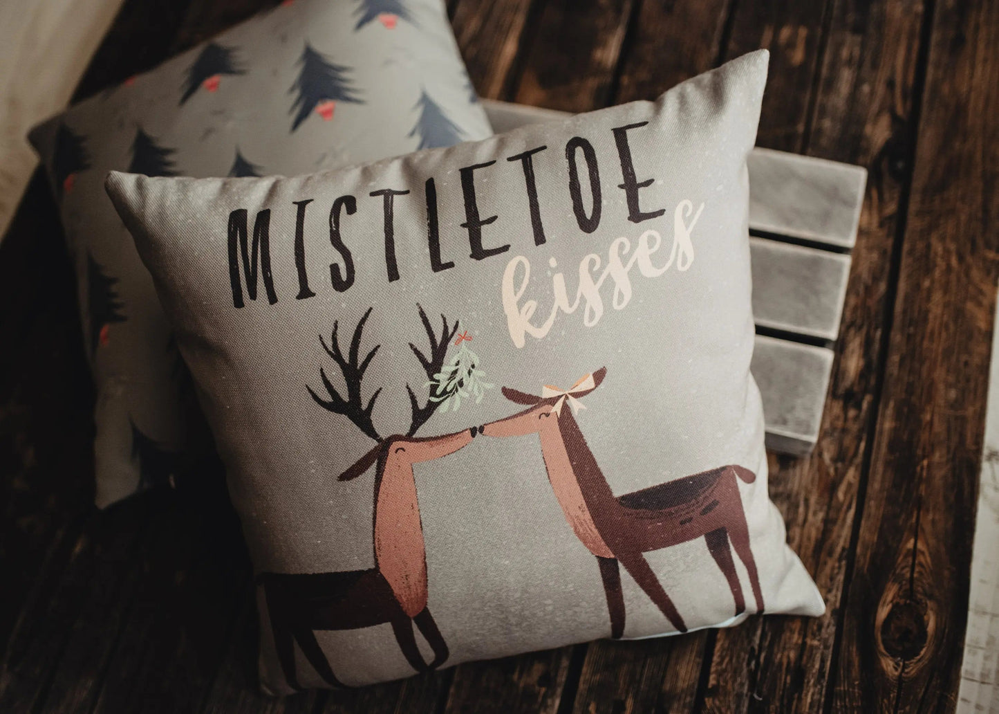 Mistletoe Kisses Reindeer Throw Pillow