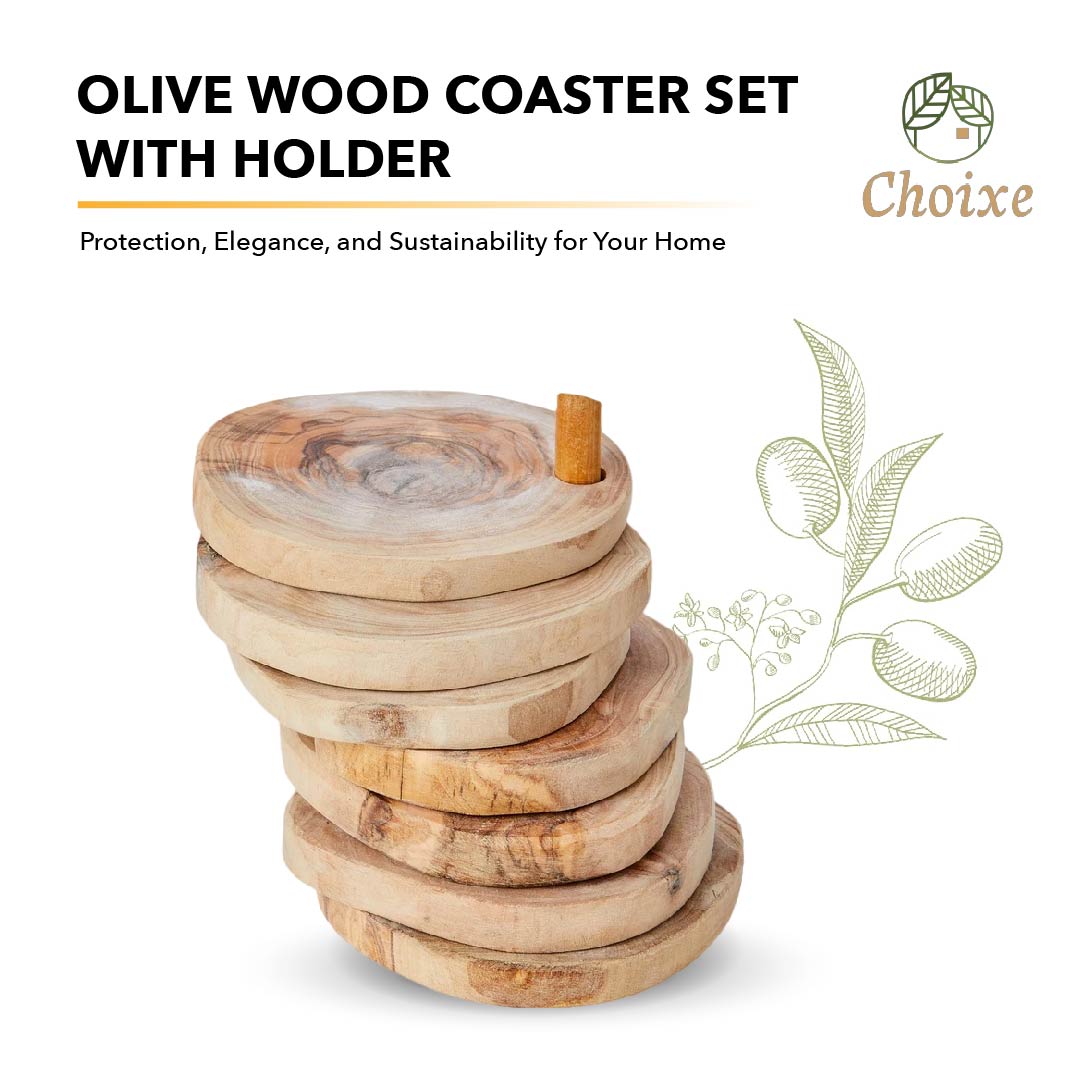 Olive Wood Coaster Set with Holder -7 Pcs by Choixe