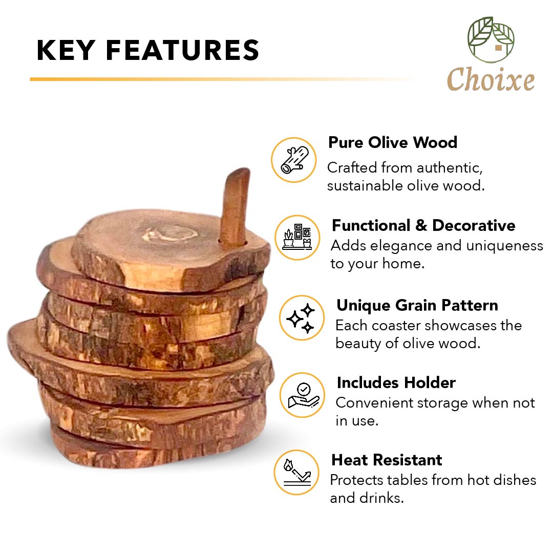 Olive Wood Coaster Set with Holder -7 Pcs by Choixe