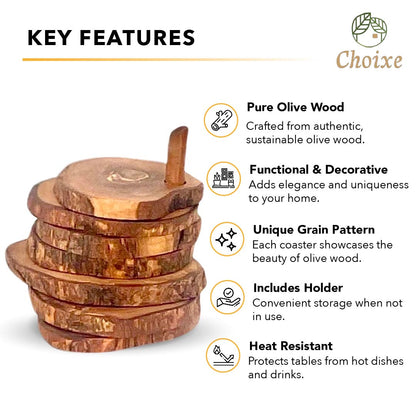 Olive Wood Coaster Set with Holder -7 Pcs by Choixe