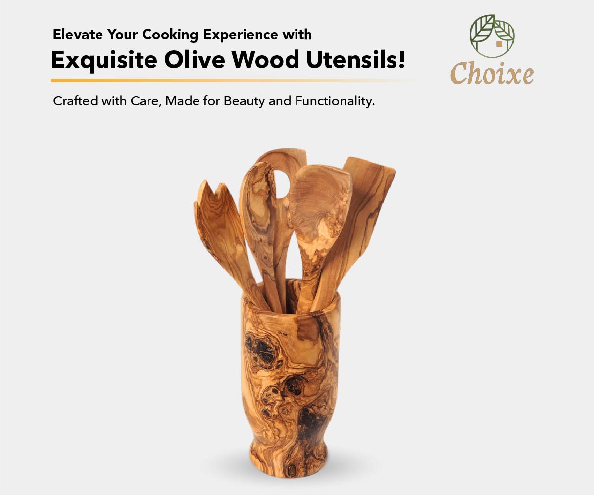 Olive Wood Kitchen Servers Set w/Holder -6 Pcs by Choixe