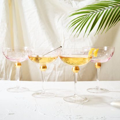 Pink Coupe Art Deco Glasses Gold 8oz Set of 4