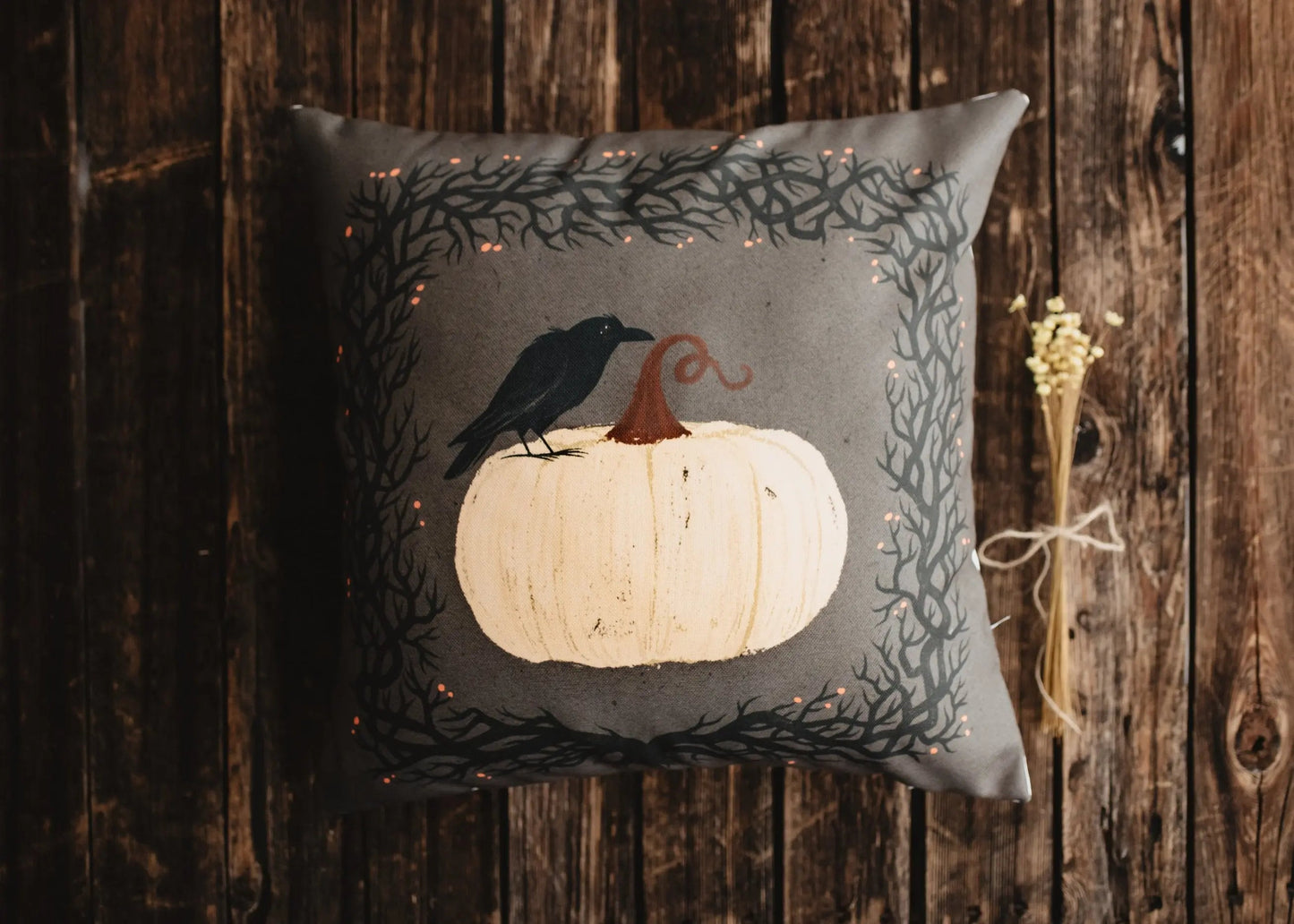 Primitive Dark Crow Pumpkin Throw Pillow