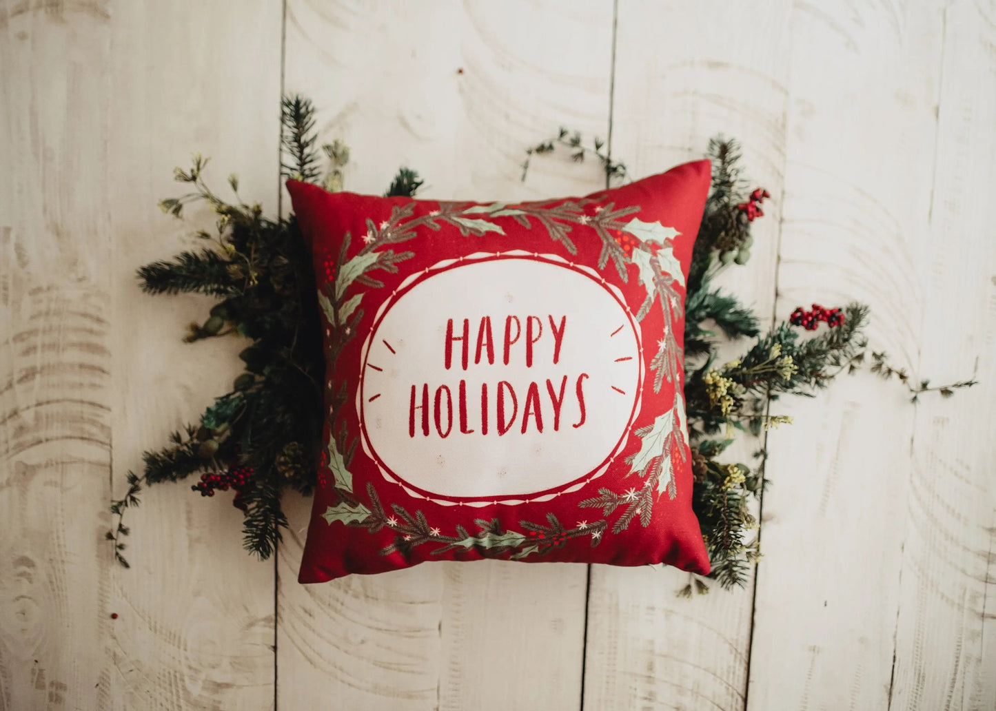 Red Happy Holiday Wreath Throw Pillow