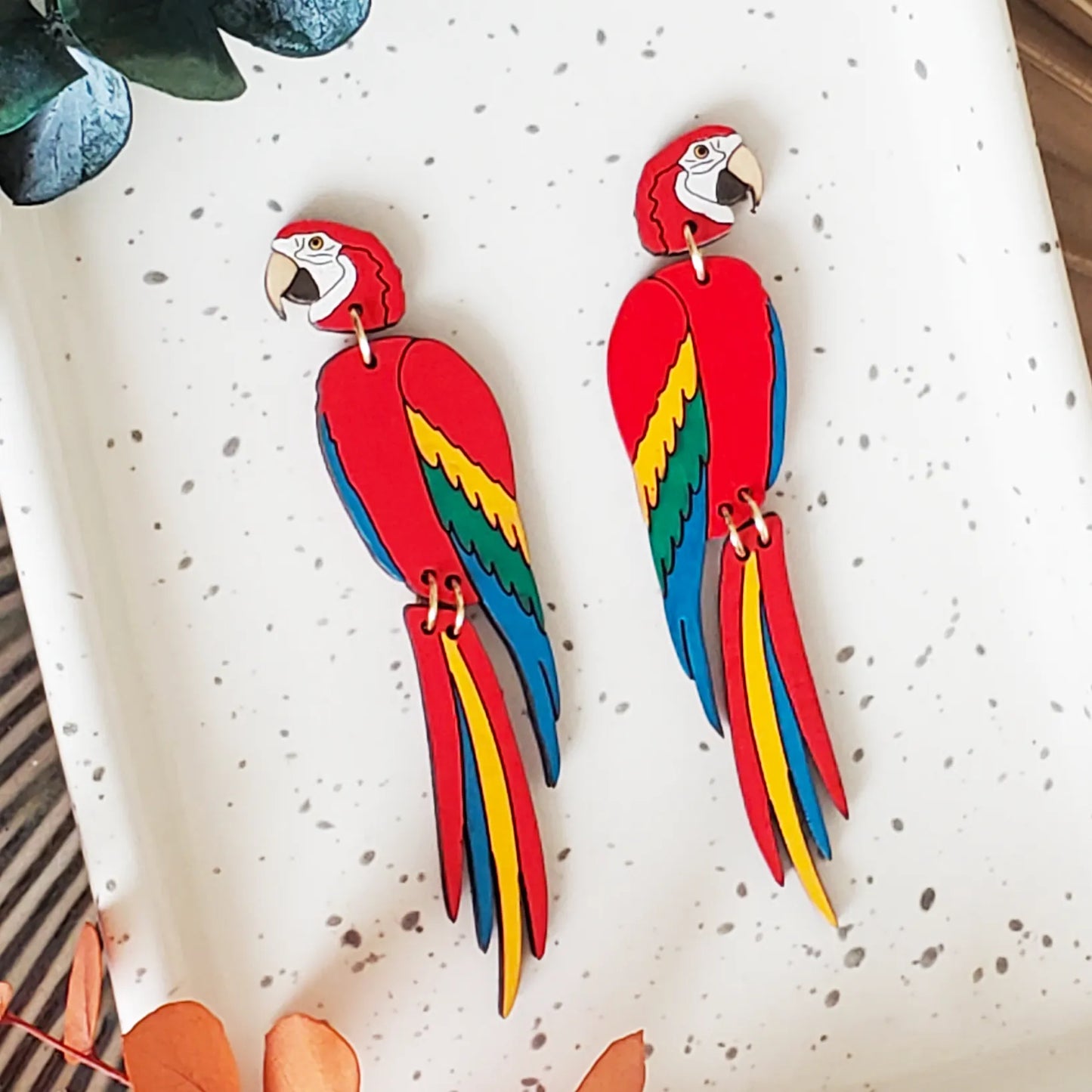 Red Macaw Stud Dangles by LE CHIC MIAMI