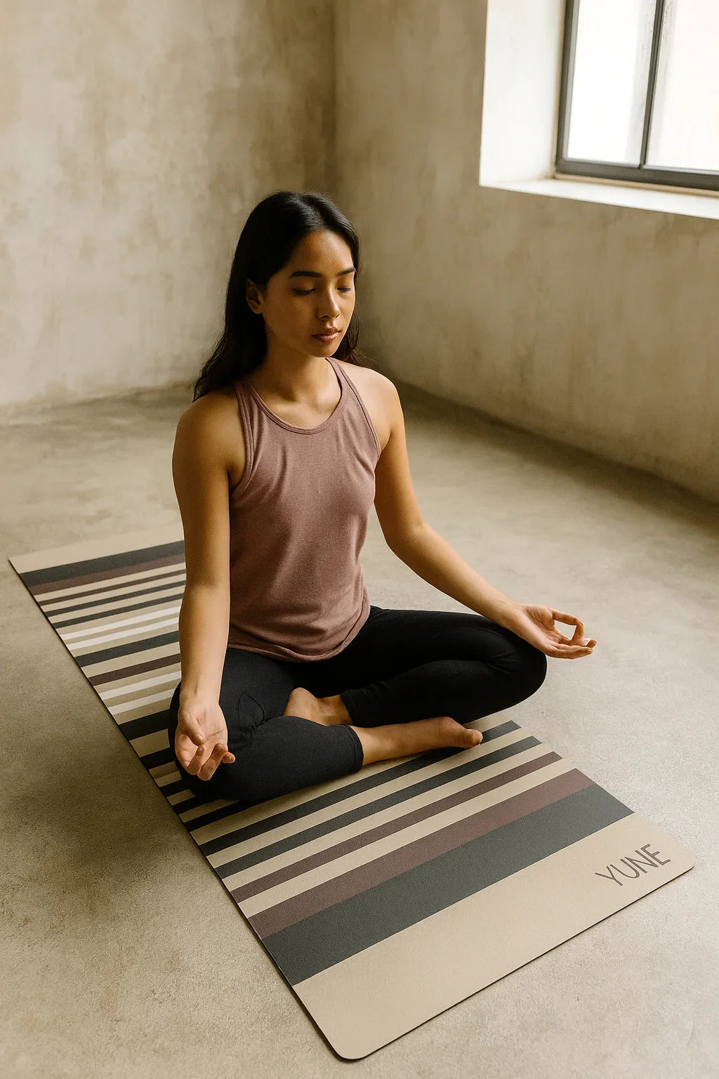 Woman meditating on a striped yoga mat in a minimalistic room.