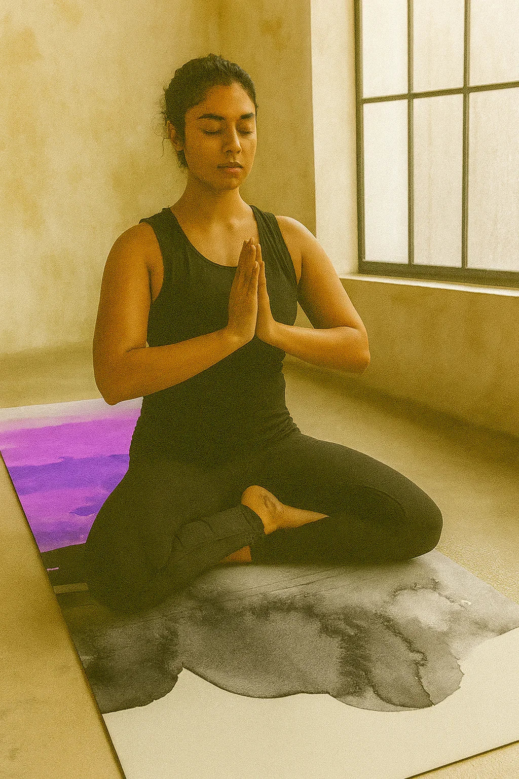 Woman in black athletic wear sitting in a yoga pose on a mat with a window in the background.