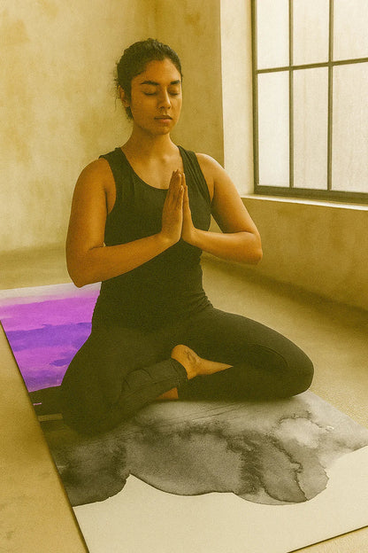 Woman in black athletic wear sitting in a yoga pose on a mat with a window in the background.