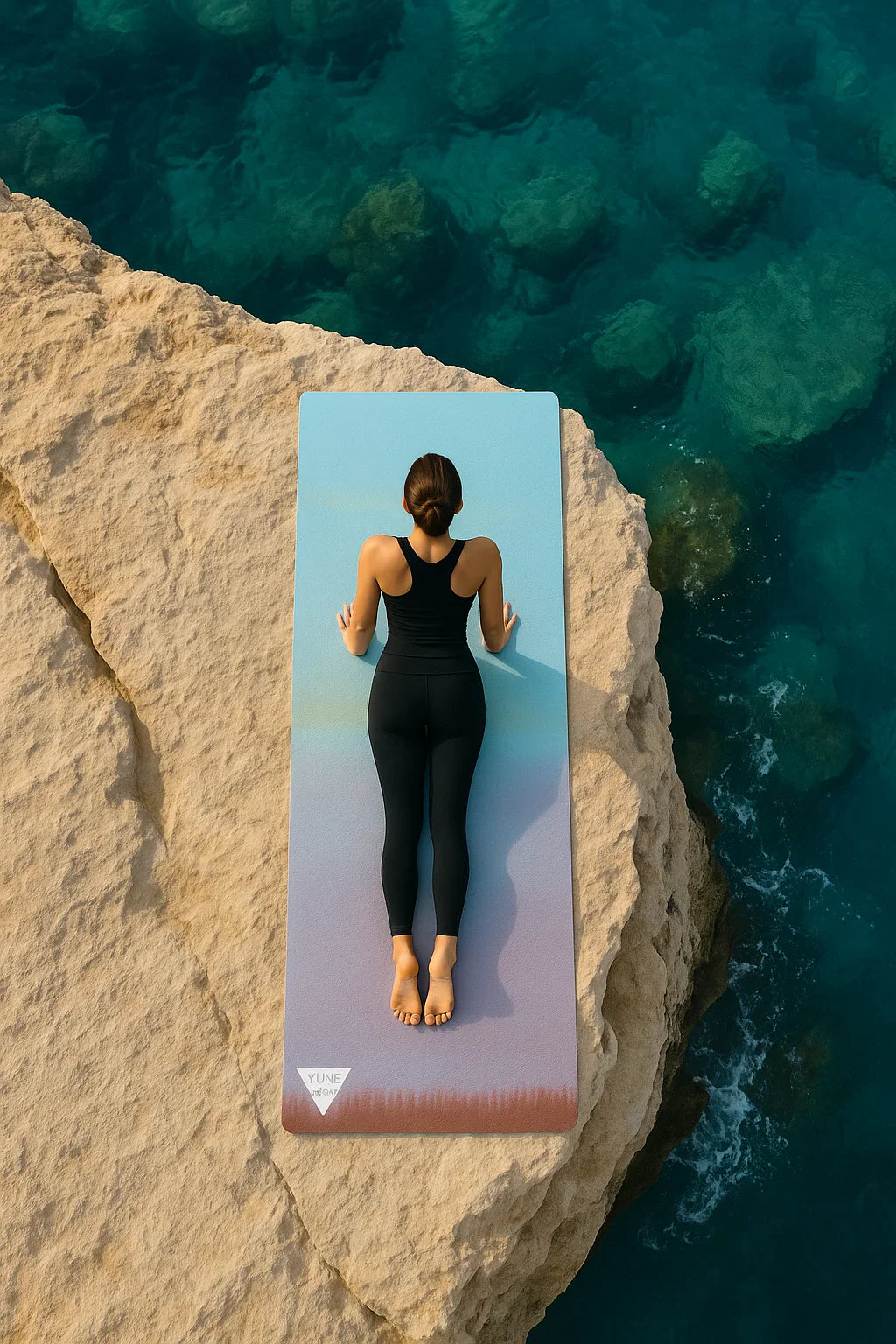 Person lying on a yoga mat by a rocky coastline with clear blue water.