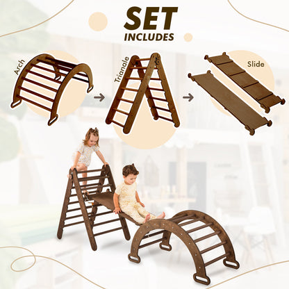 3in1 Montessori Climbing Set: Triangle Ladder + Wooden Arch + Slide Board – Chocolate NEW by Goodevas