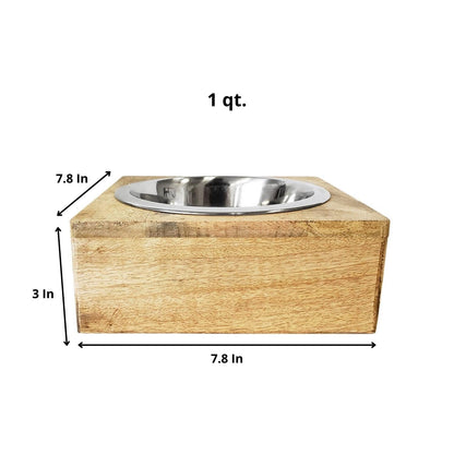 Stainless Steel Dog Bowl with Square Mango Wood Holder 1qt