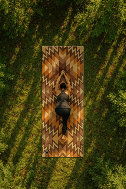 Person practicing yoga on a patterned mat in a forest setting
