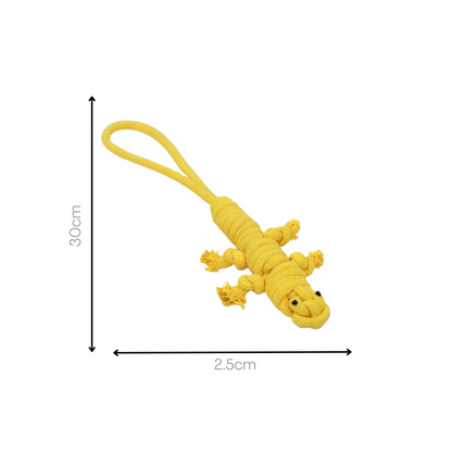 A cute yellow lizard-shaped pet toy made of cotton rope, perfect for playtime!