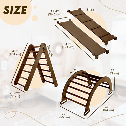 3in1 Montessori Climbing Set: Triangle Ladder + Wooden Arch + Slide Board – Chocolate NEW by Goodevas