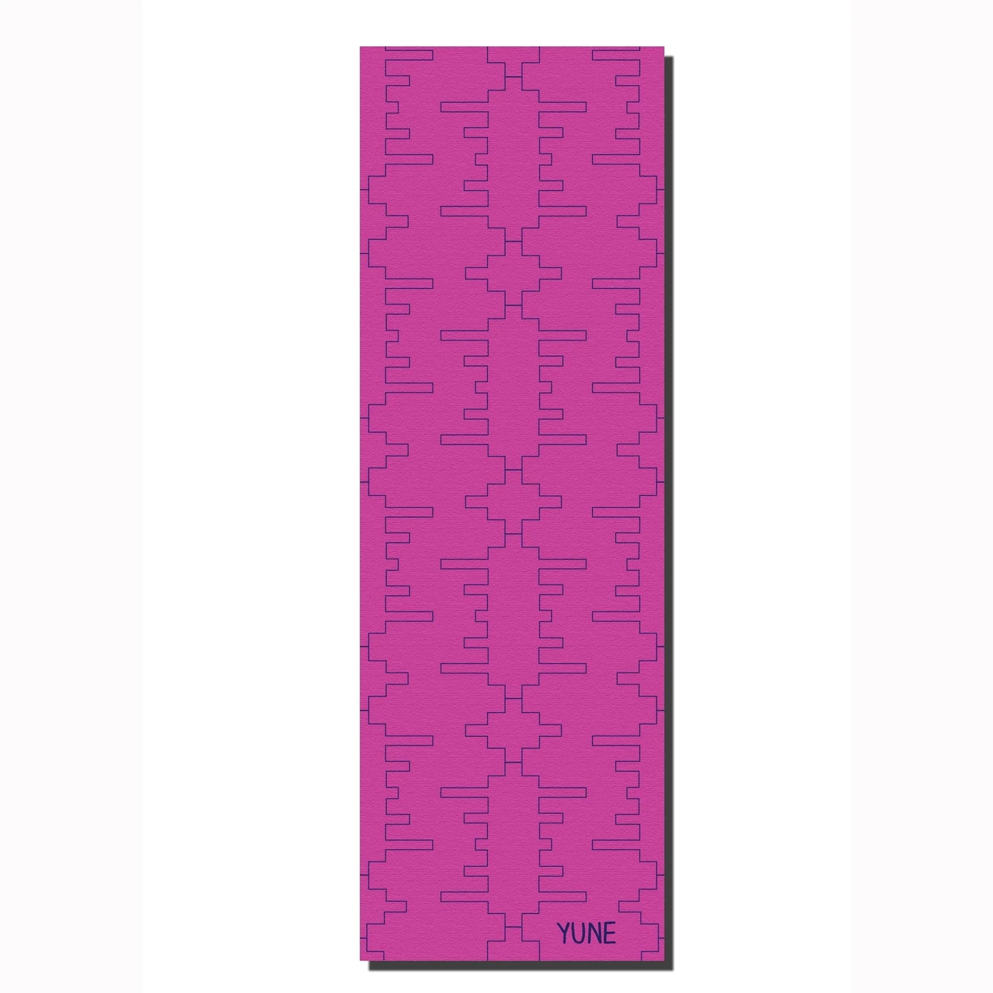 Purple patterned mat with 'YUNE' branding on a white background