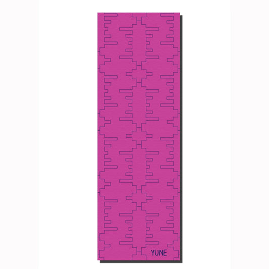 Purple patterned mat with 'YUNE' branding on a white background