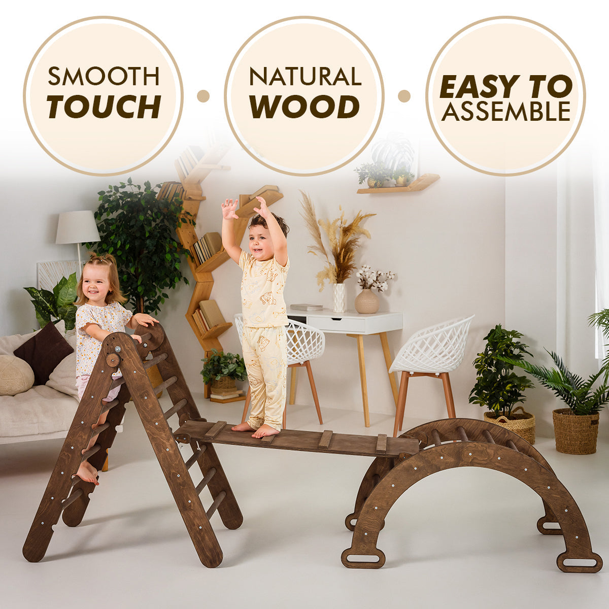 3in1 Montessori Climbing Set: Triangle Ladder + Wooden Arch + Slide Board – Chocolate NEW by Goodevas