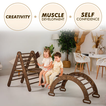 3in1 Montessori Climbing Set: Triangle Ladder + Wooden Arch + Slide Board – Chocolate NEW by Goodevas