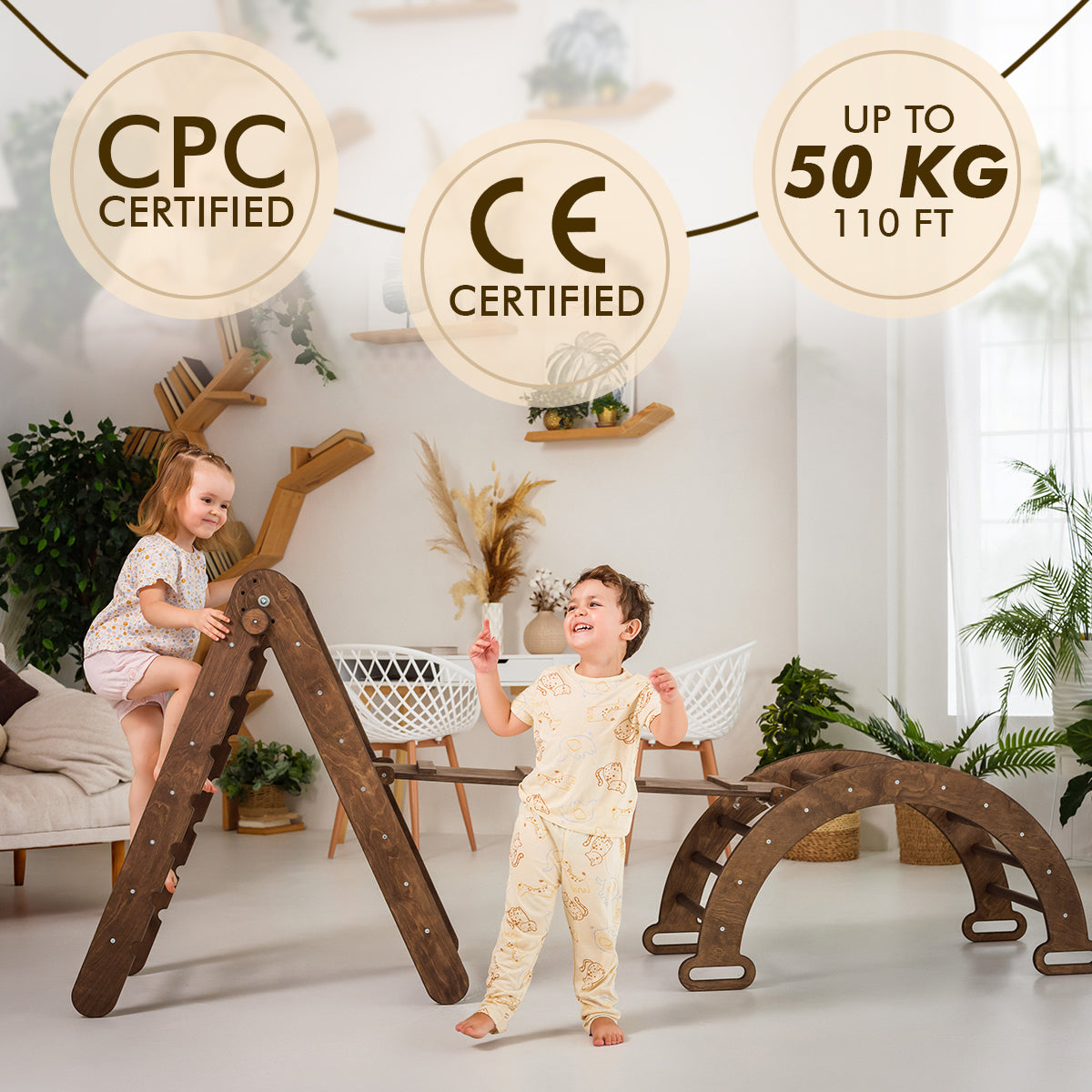 3in1 Montessori Climbing Set: Triangle Ladder + Wooden Arch + Slide Board – Chocolate NEW by Goodevas