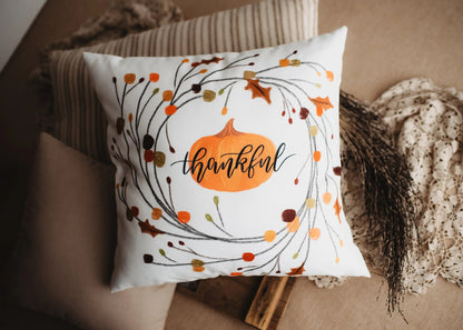 Thankful Primitive Pumpkin Wreath Pillow Cover |  Thanksgiving Décor | Farmhouse Pillows | Country Decor | Fall Throw Pillows | Gift for her by UniikPillows