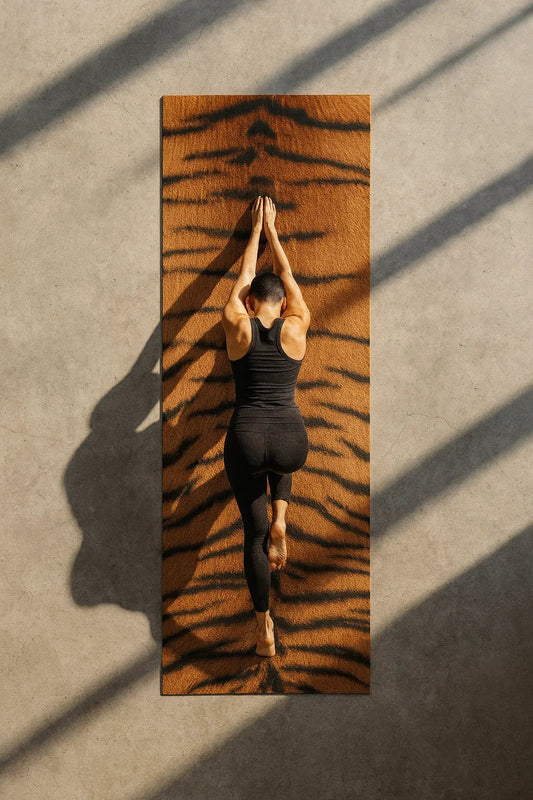 Person practicing yoga on a tiger stripe patterned mat against a beige wall.