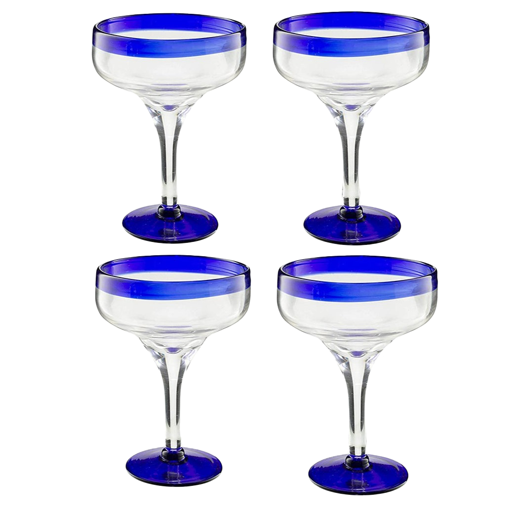 Hand Blown Blue Rim Mexican Glass 16oz Set of 4